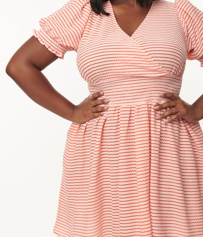 1950s Unique Vintage Plus Size Coral Stripe Smocked Flare Dress