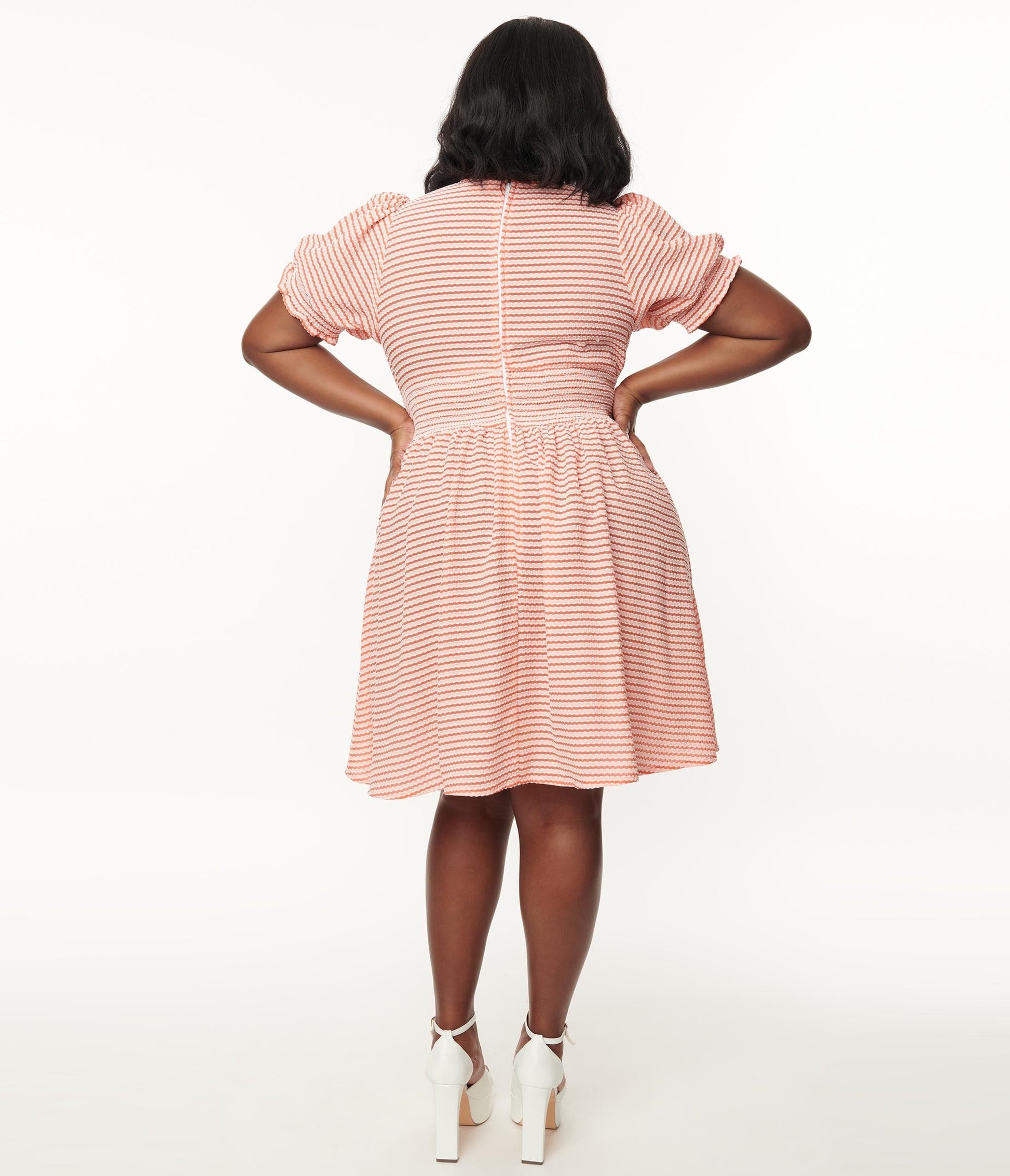 1950s Unique Vintage Plus Size Coral Stripe Smocked Flare Dress