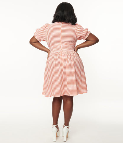 1950s Unique Vintage Plus Size Coral Stripe Smocked Flare Dress
