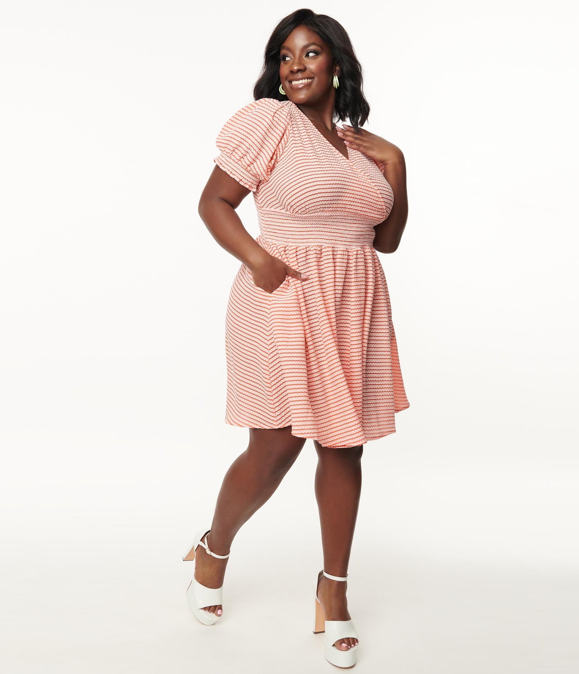 1950s Unique Vintage Plus Size Coral Stripe Smocked Flare Dress
