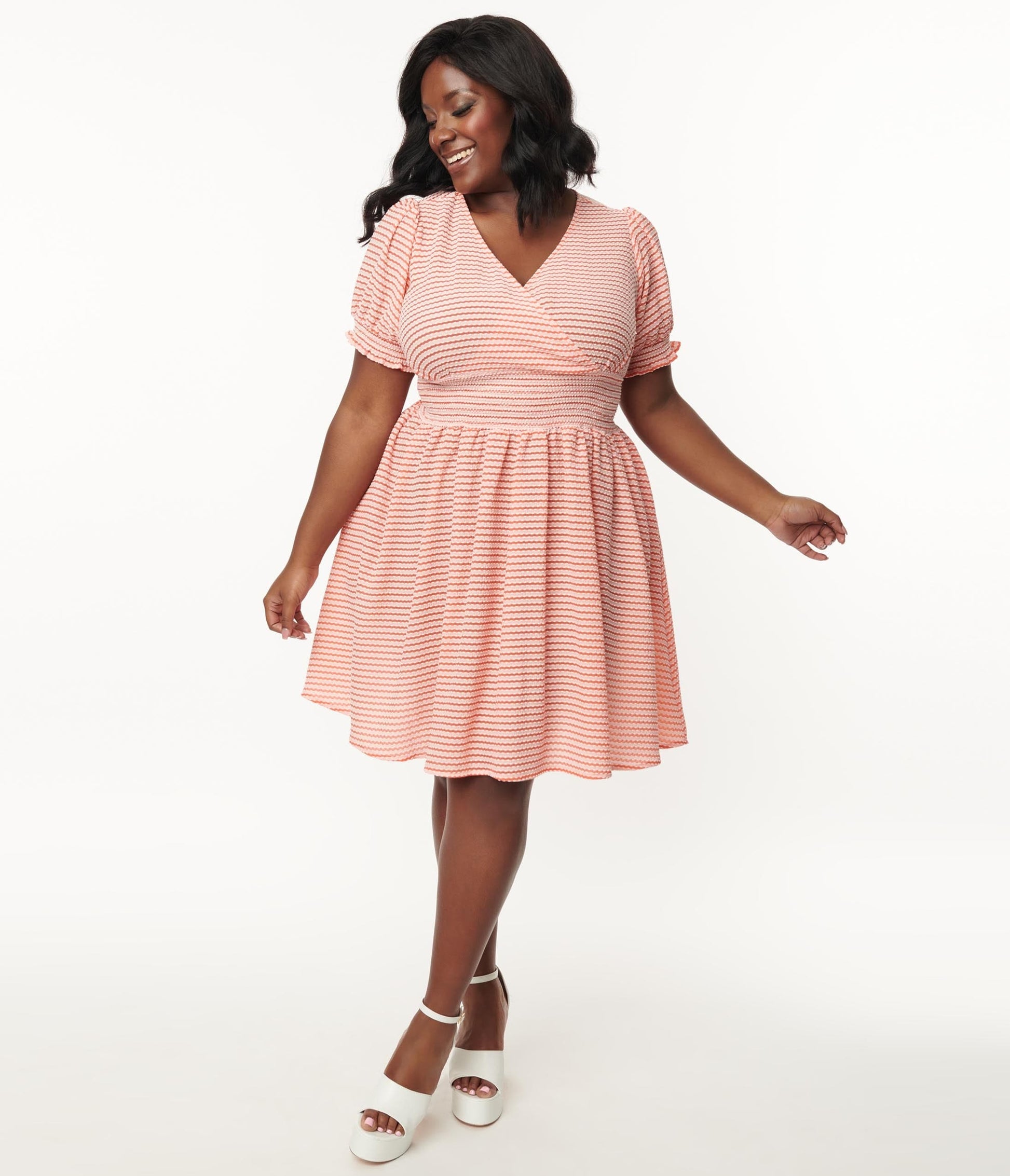 1950s Unique Vintage Plus Size Coral Stripe Smocked Flare Dress