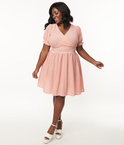 1950s Unique Vintage Plus Size Coral Stripe Smocked Flare Dress