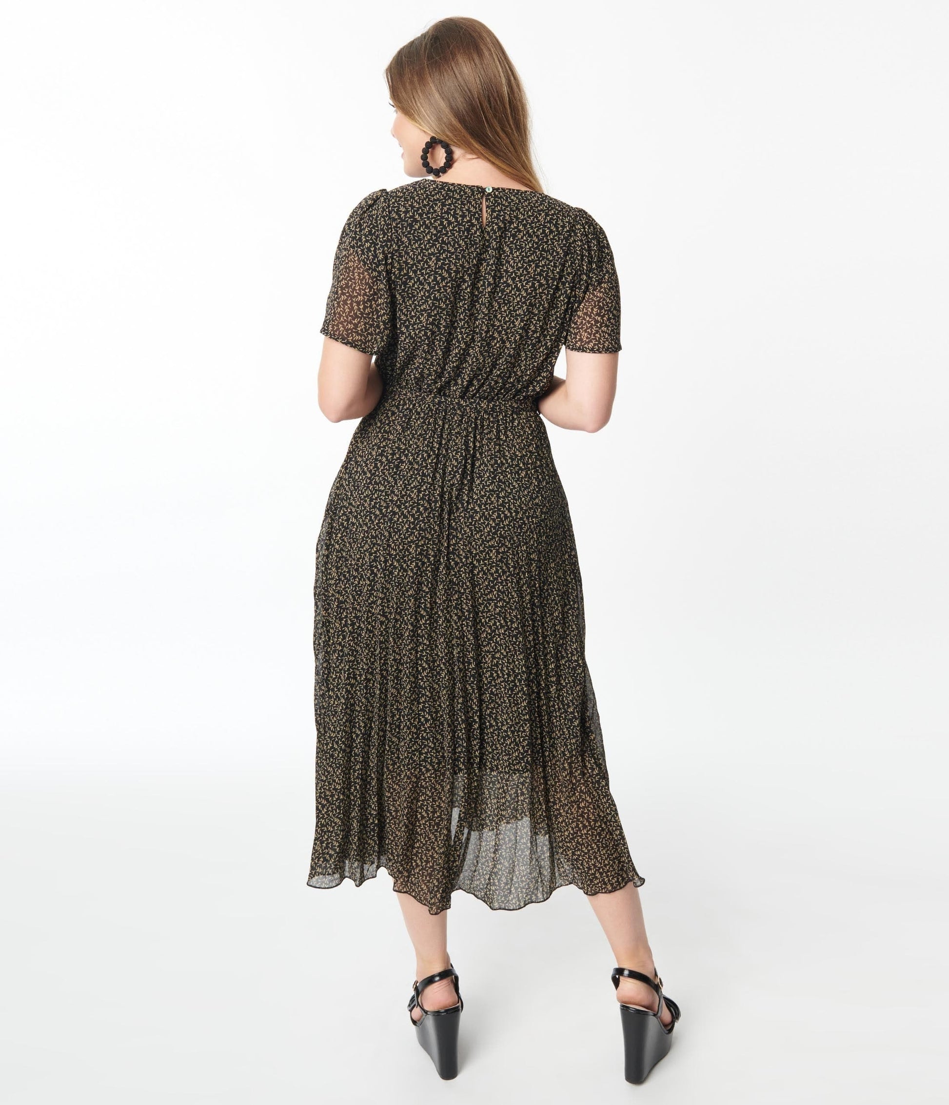 Black & Ivory Ditsy Leaf Midi Dress