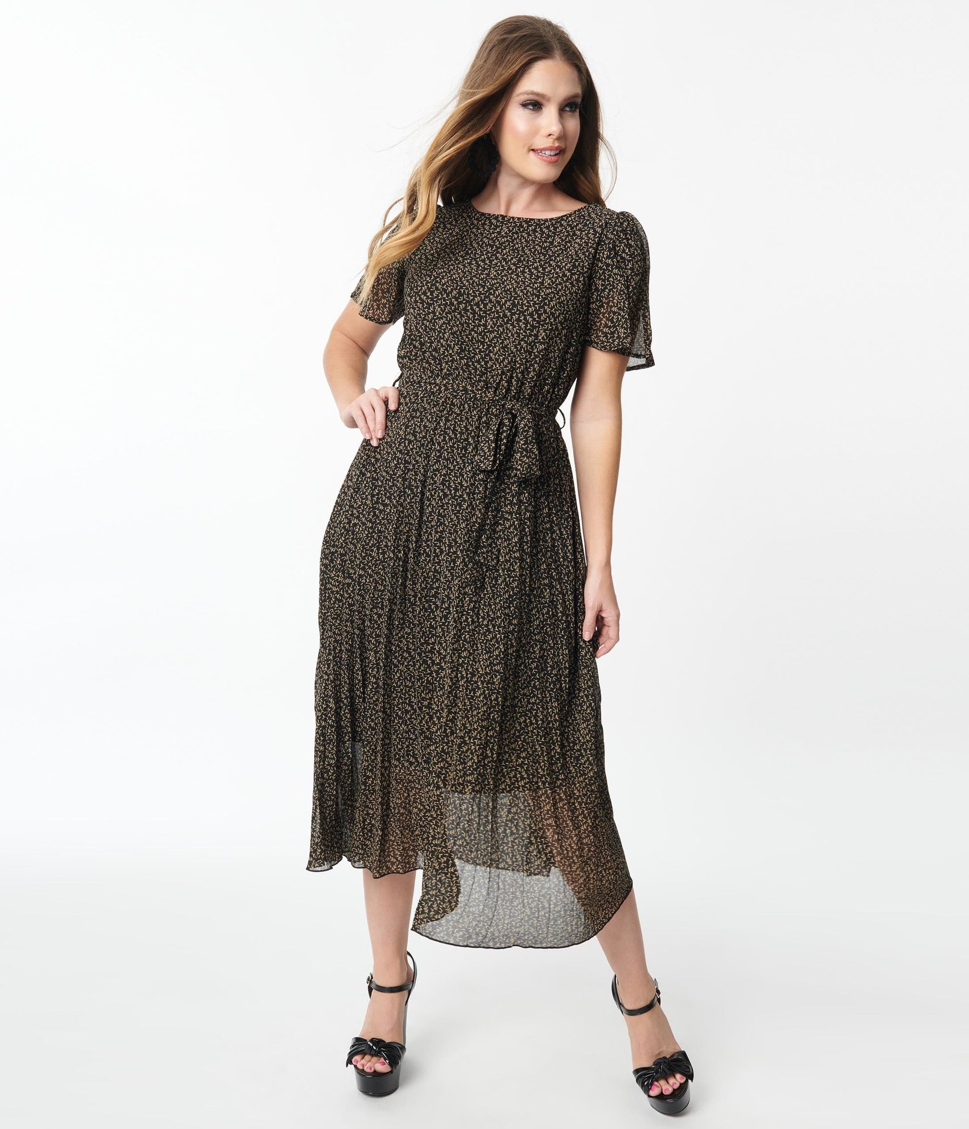 Black & Ivory Ditsy Leaf Midi Dress