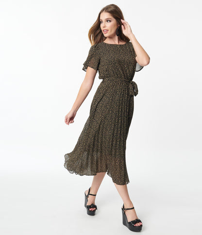 Black & Ivory Ditsy Leaf Midi Dress