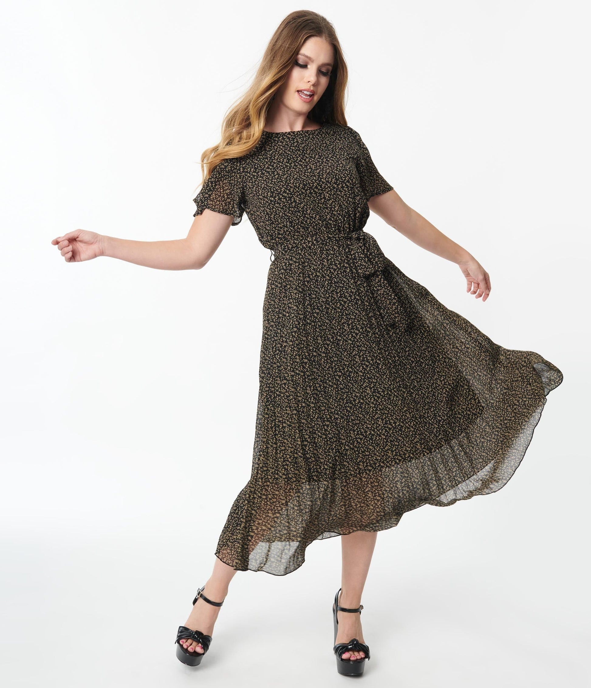 Black & Ivory Ditsy Leaf Midi Dress
