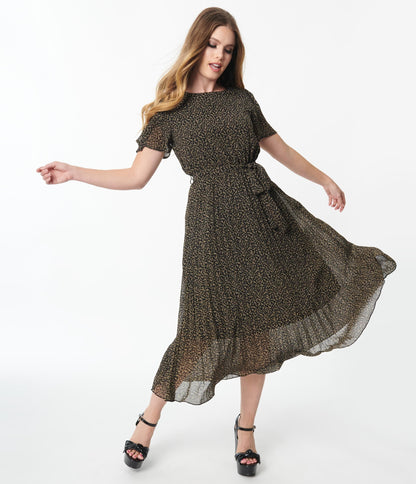 Black & Ivory Ditsy Leaf Midi Dress
