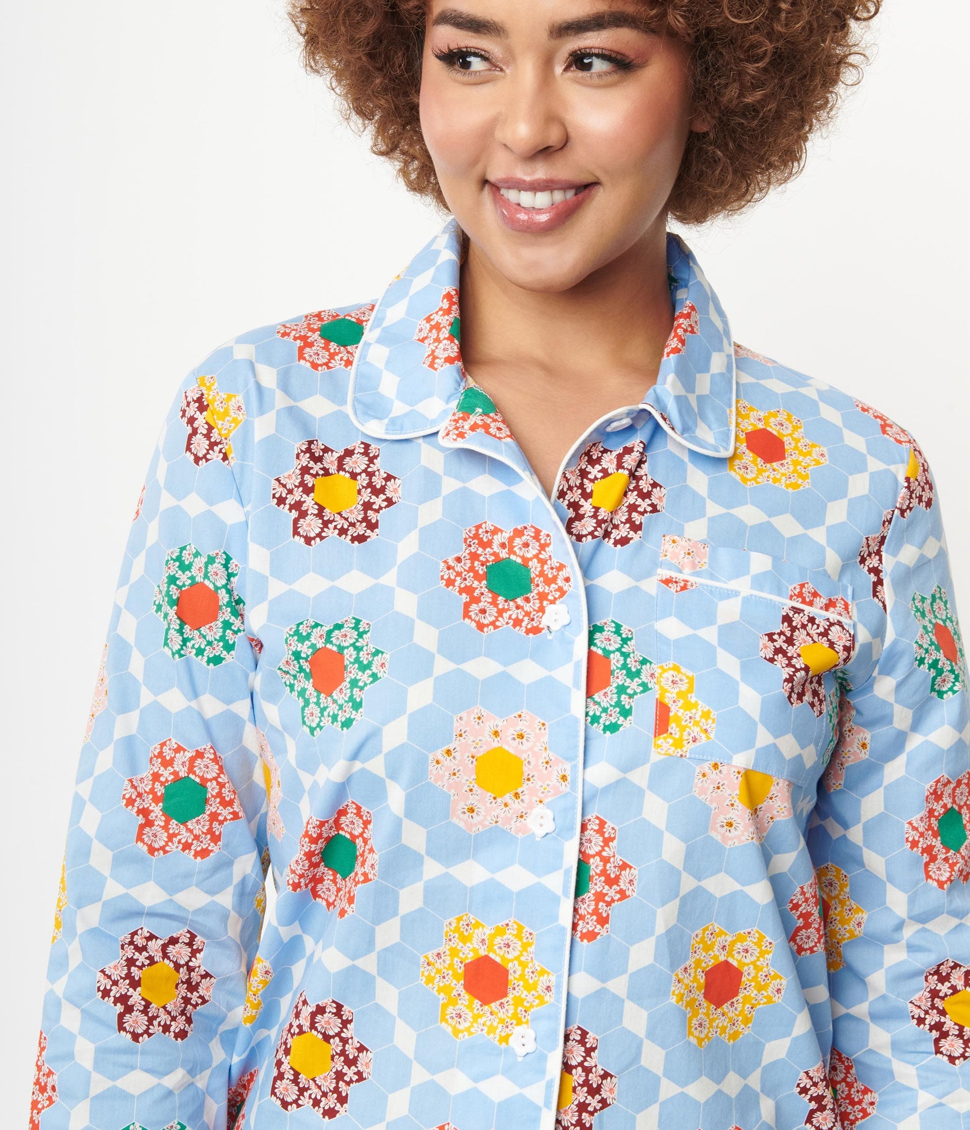 Light Blue & Multicolor Floral Patchwork Pajama Top