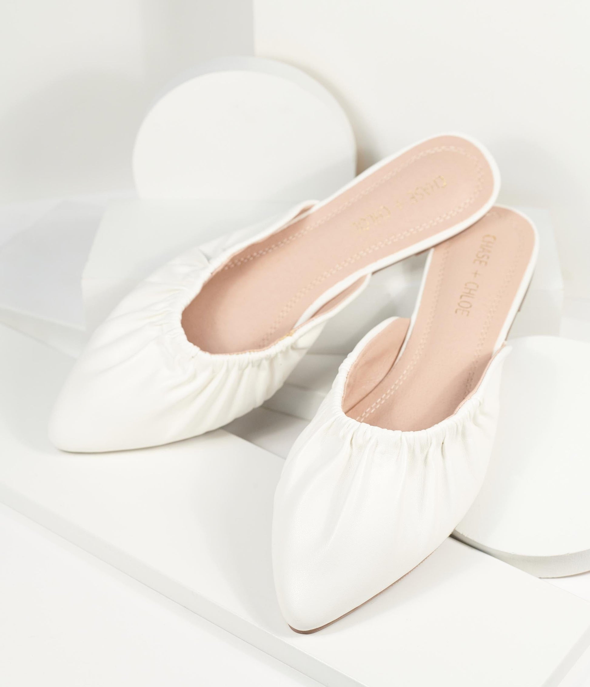 White Leatherette Gathered Mule Flats