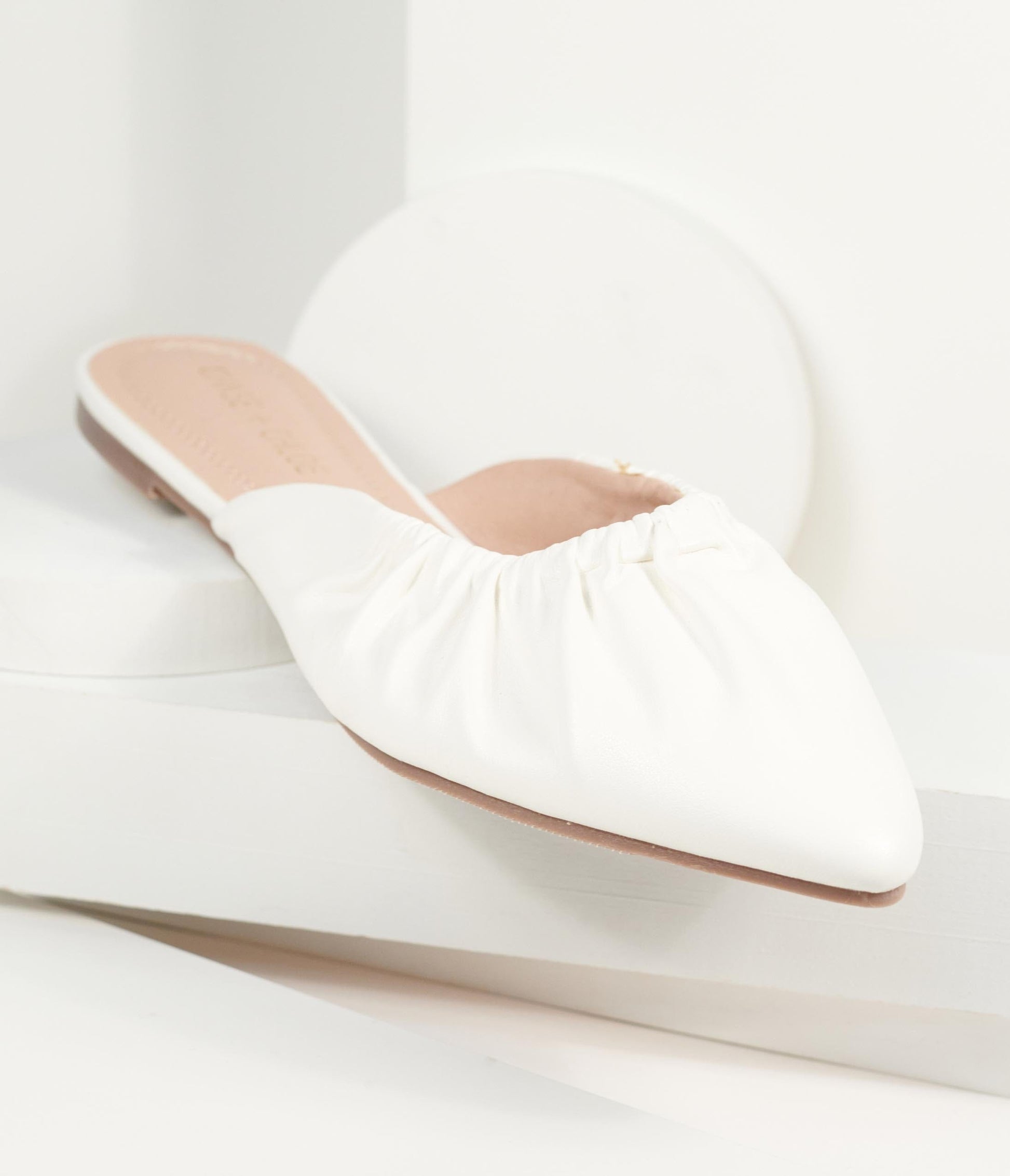 White Leatherette Gathered Mule Flats