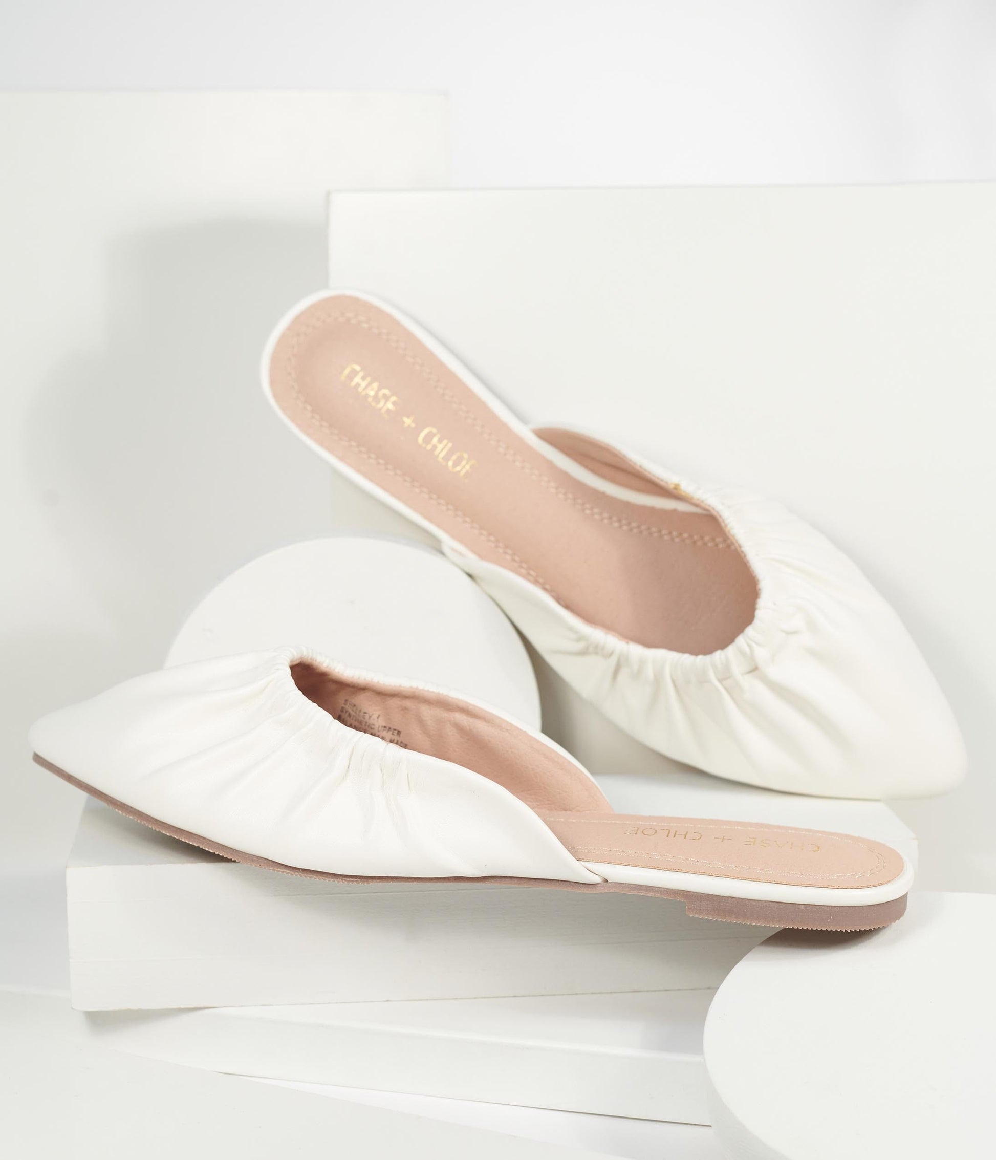 White Leatherette Gathered Mule Flats