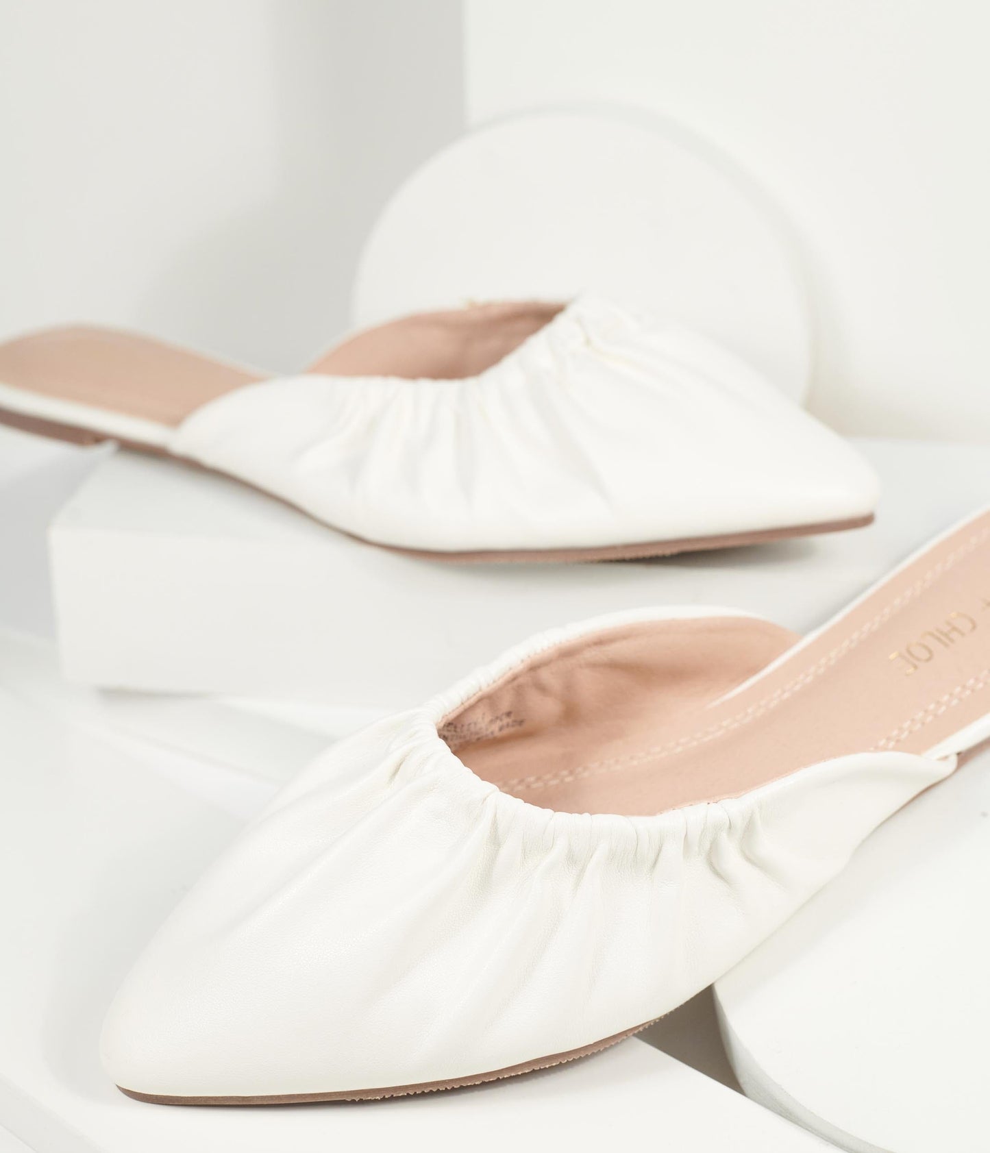 White Leatherette Gathered Mule Flats