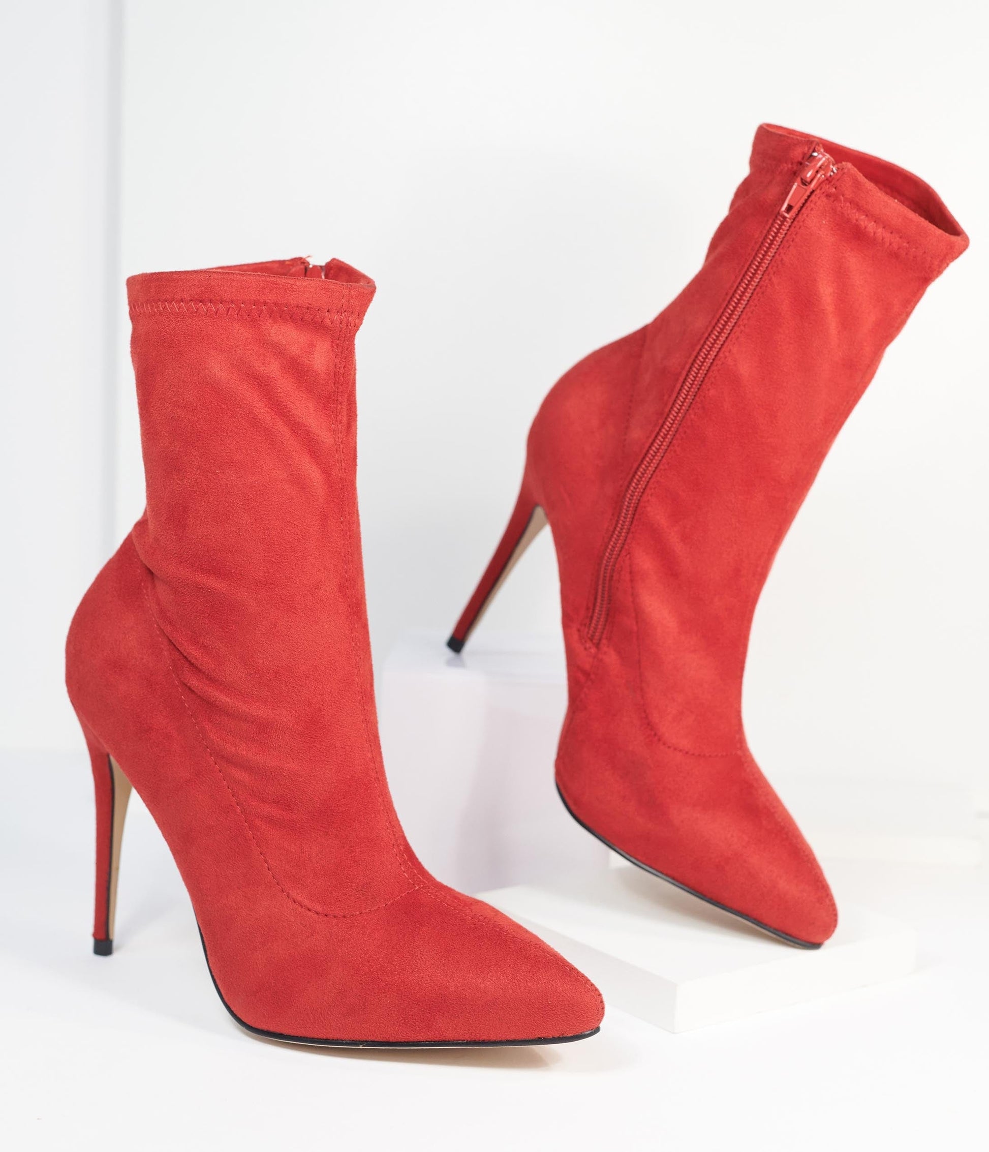 1990s Red Suede High Stiletto Ankle Boots