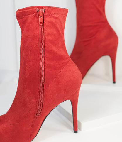 1990s Red Suede High Stiletto Ankle Boots