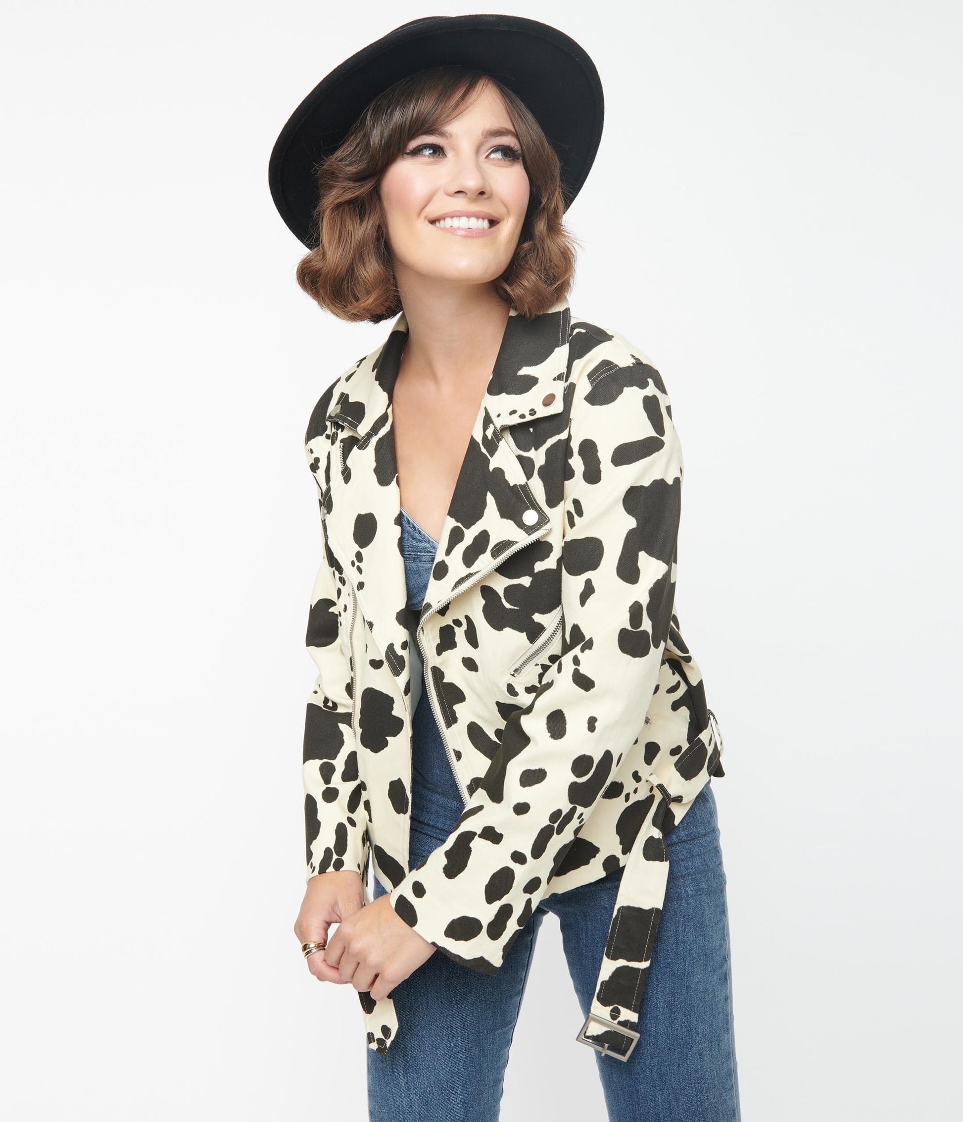 1950s Cream & Black Cow Print Denim Moto Jacket