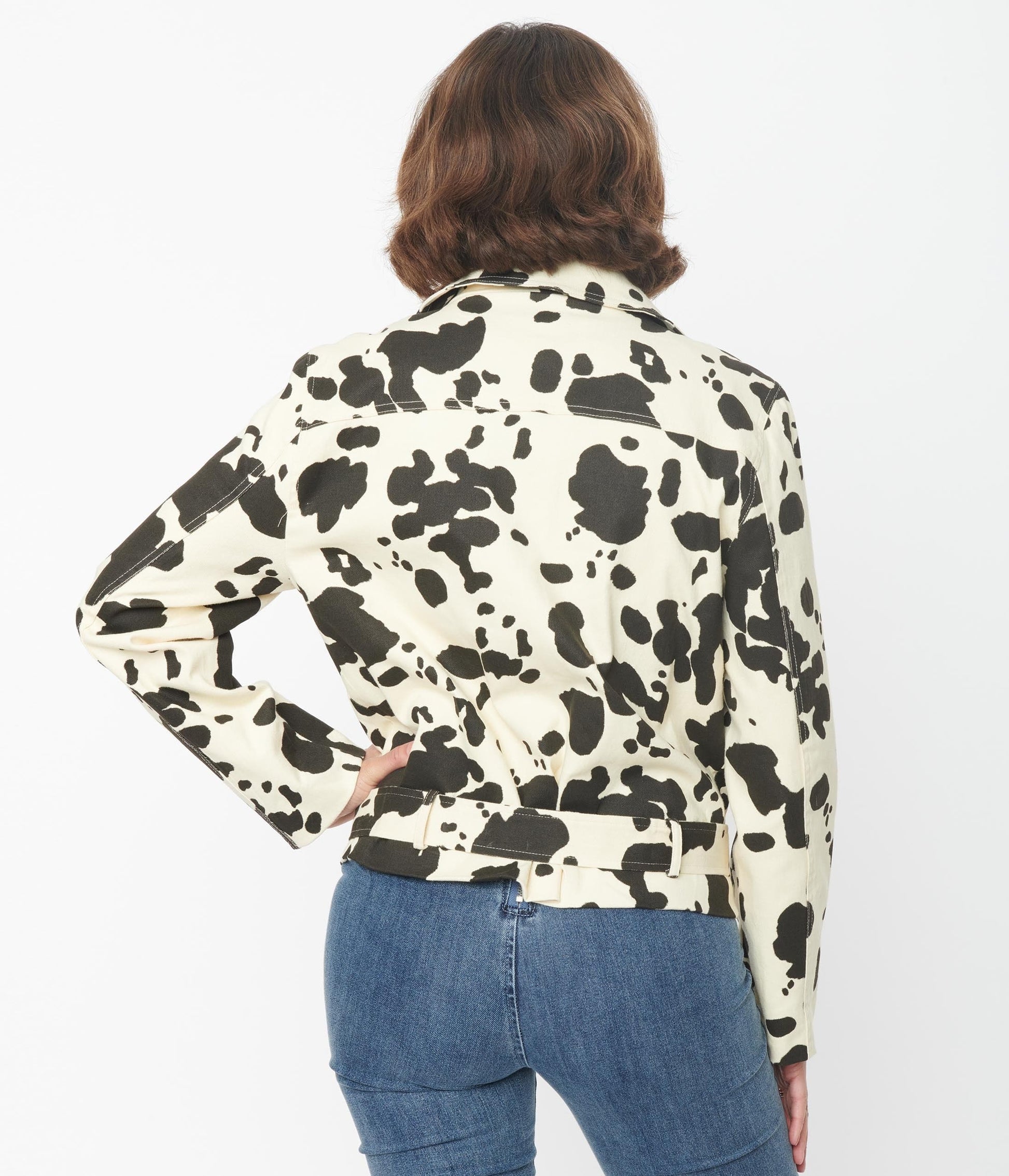 1950s Cream & Black Cow Print Denim Moto Jacket