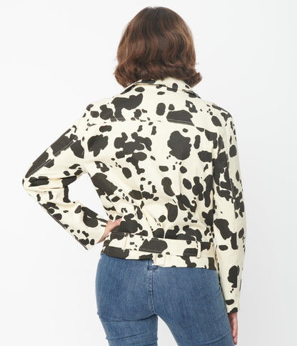 1950s Cream & Black Cow Print Denim Moto Jacket