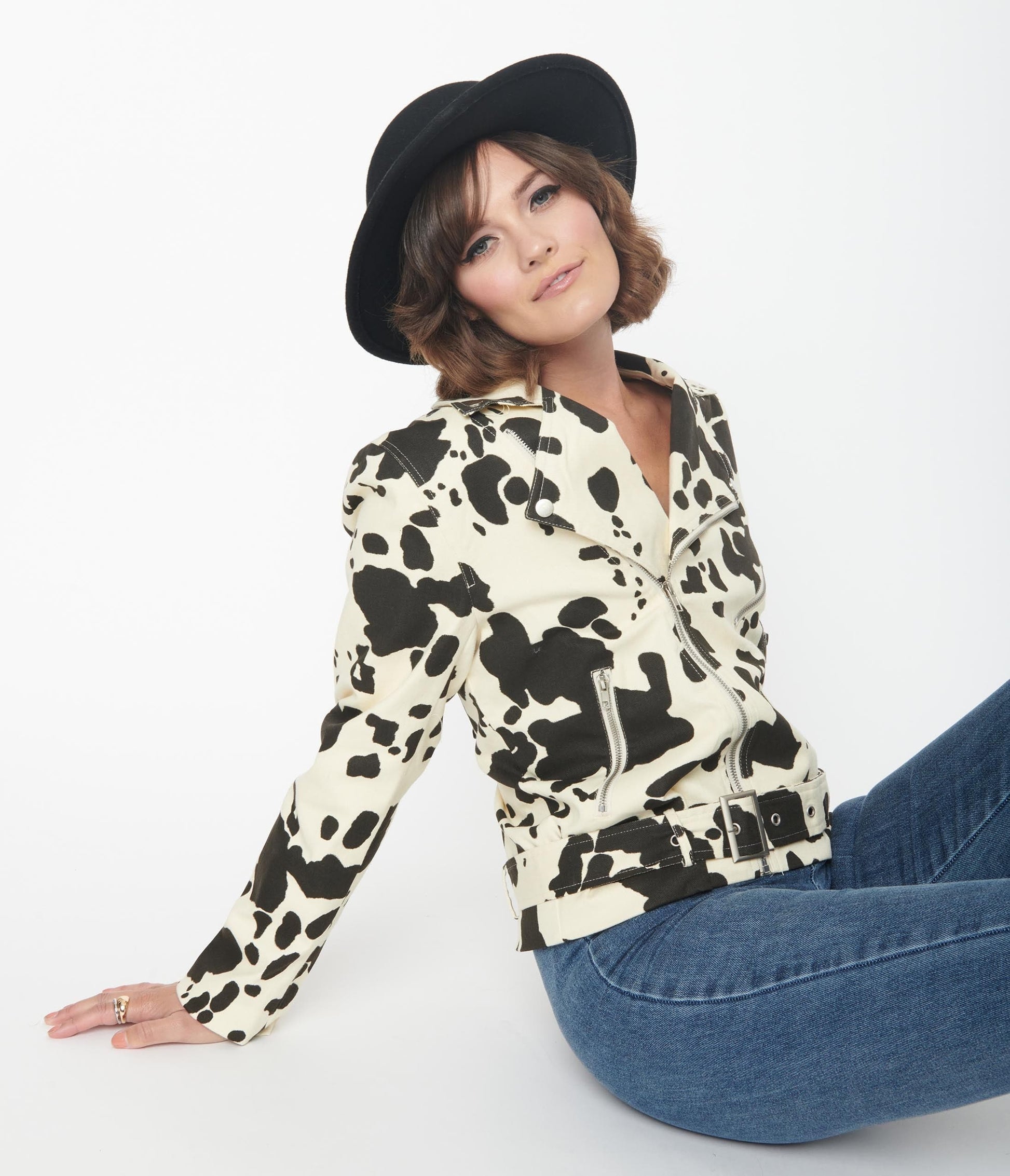 1950s Cream & Black Cow Print Denim Moto Jacket
