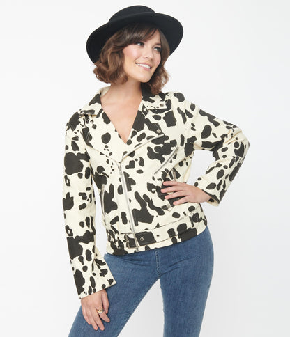 1950s Cream & Black Cow Print Denim Moto Jacket