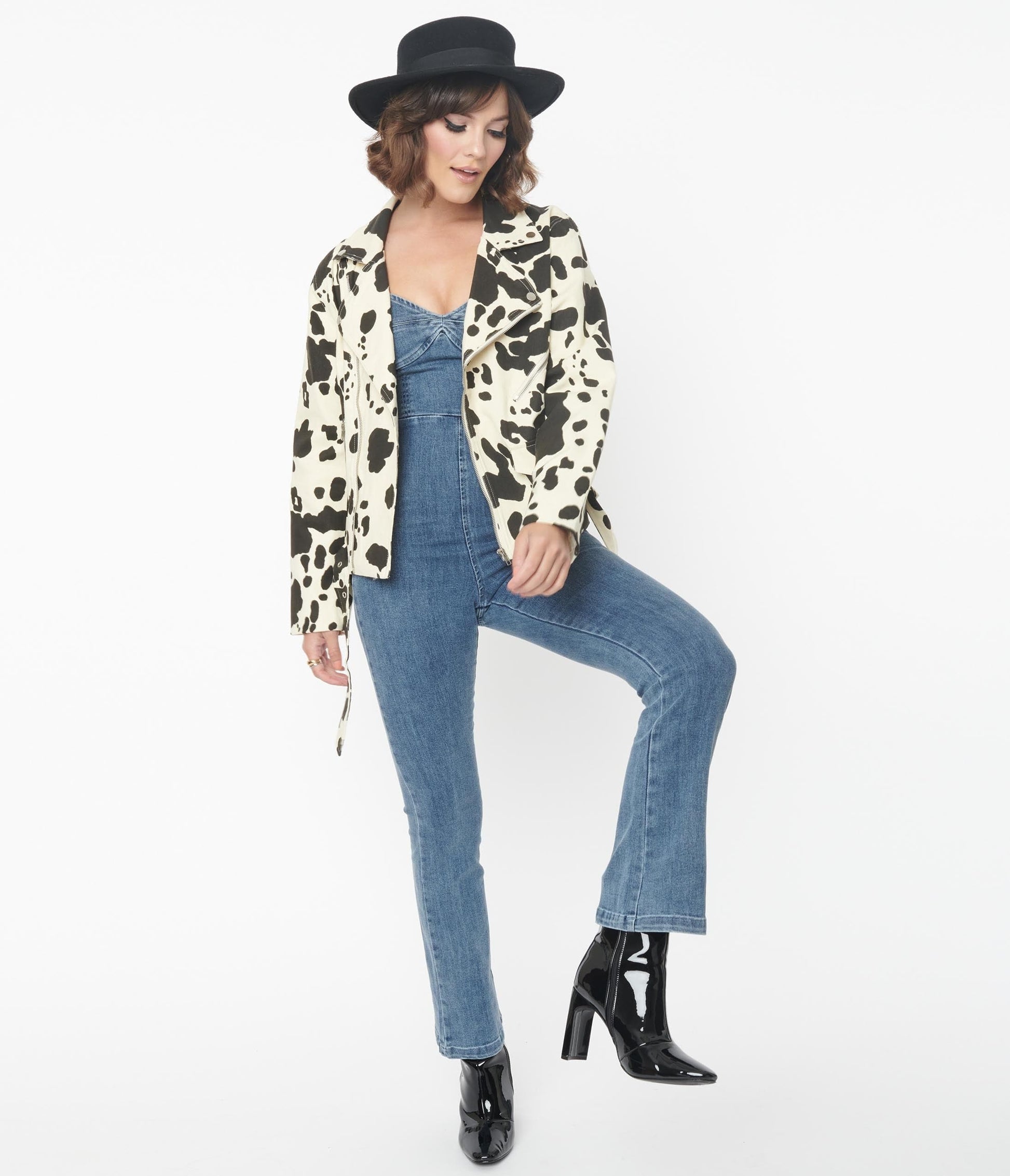 1950s Cream & Black Cow Print Denim Moto Jacket