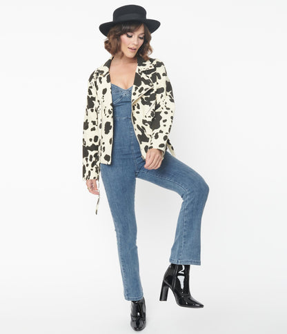 1950s Cream & Black Cow Print Denim Moto Jacket