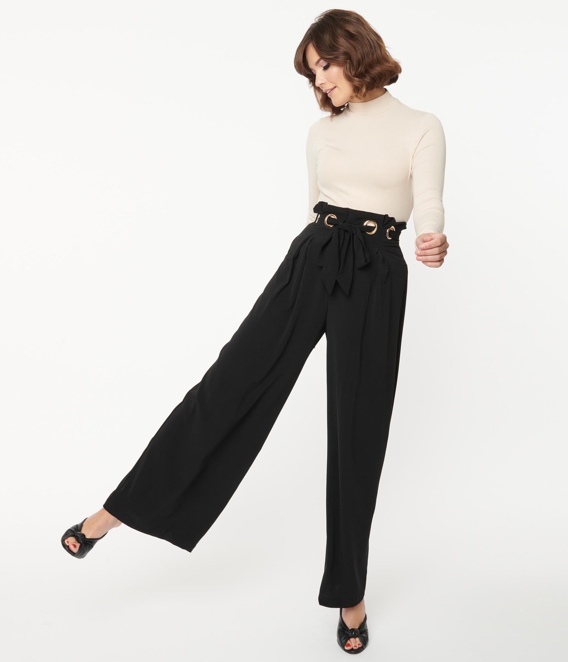 Black Grommet Paperbag Pants