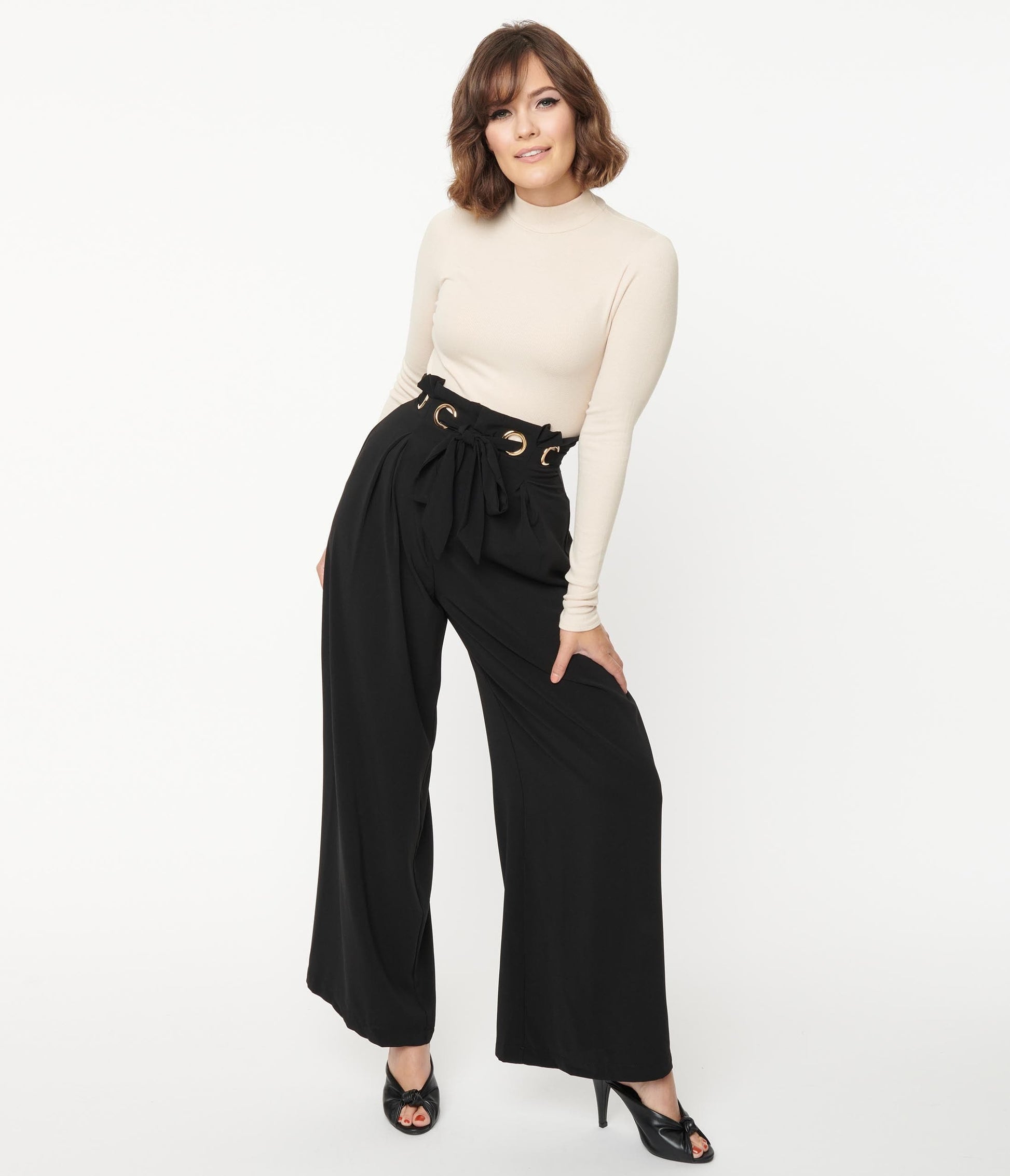 Black Grommet Paperbag Pants