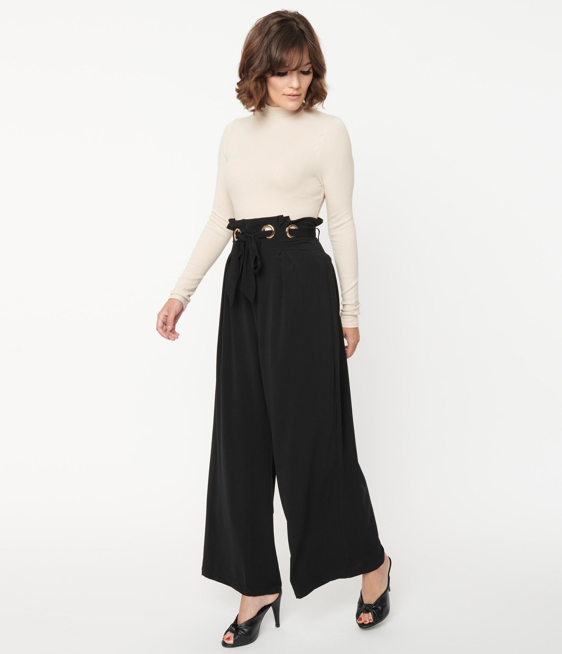 Black Grommet Paperbag Pants