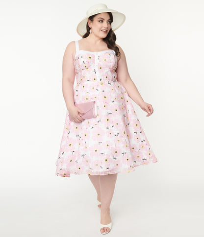 Unique Vintage Plus Size Pink Floral Burnout Swing Dress