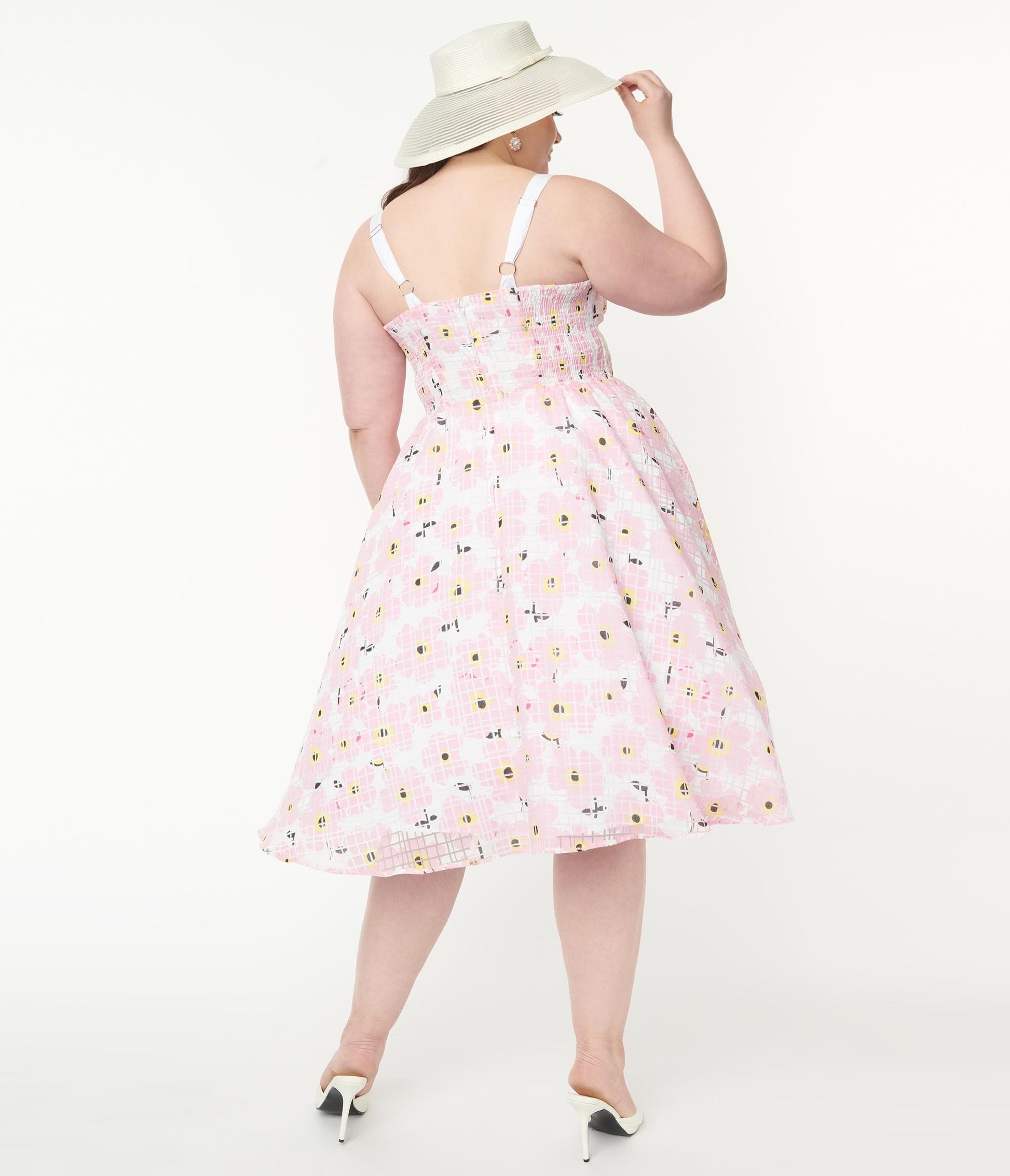 Unique Vintage Plus Size Pink Floral Burnout Swing Dress