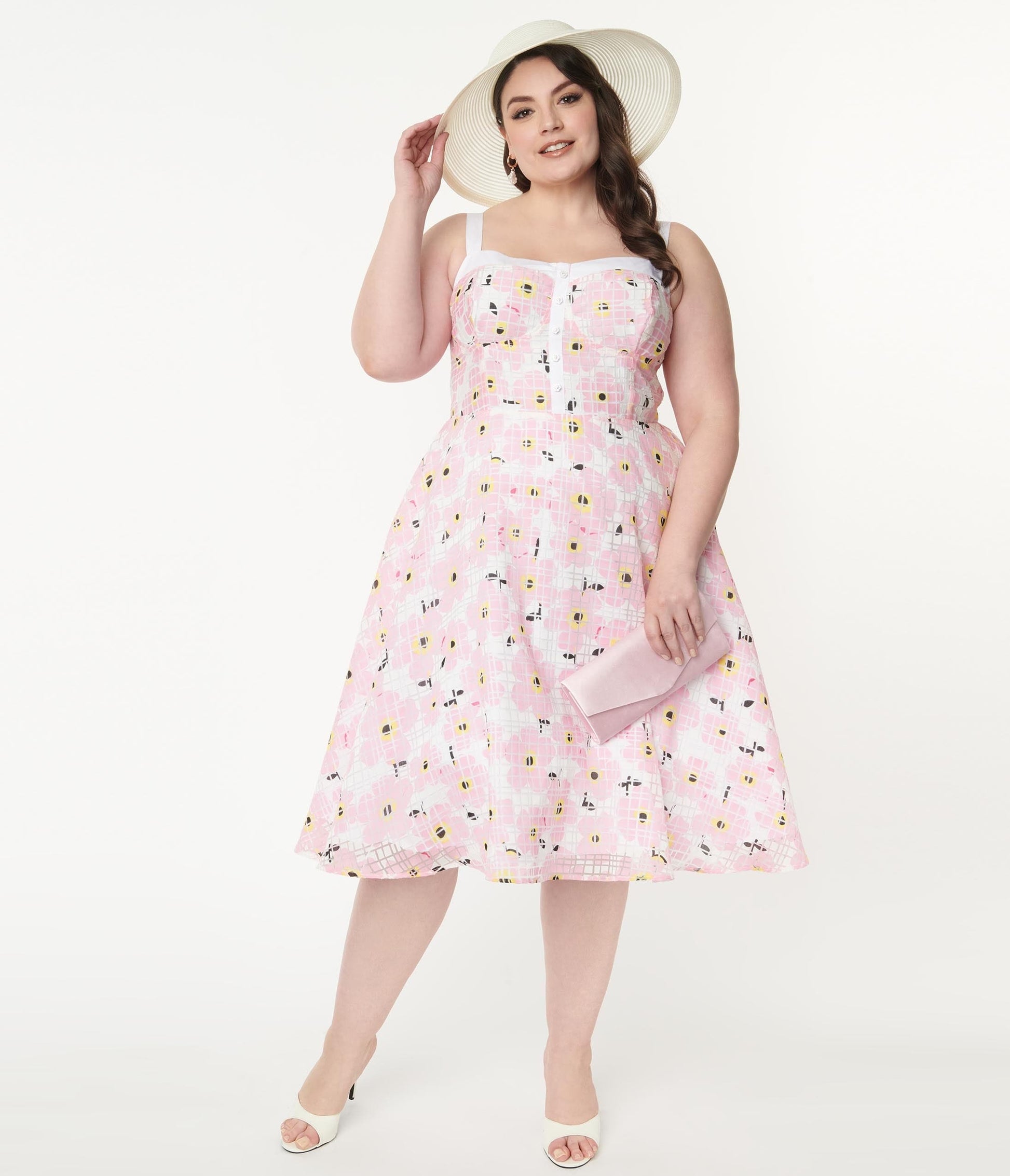 Unique Vintage Plus Size Pink Floral Burnout Swing Dress