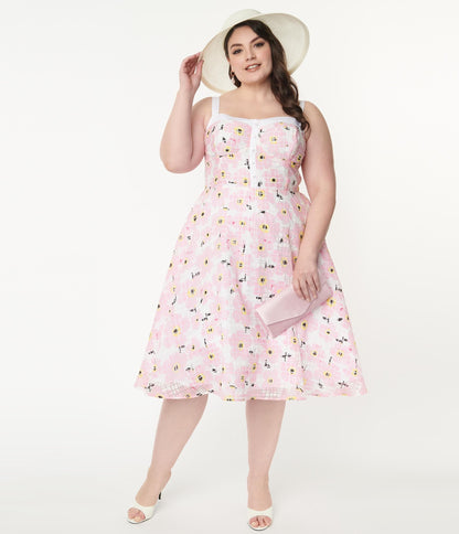 Unique Vintage Plus Size Pink Floral Burnout Swing Dress