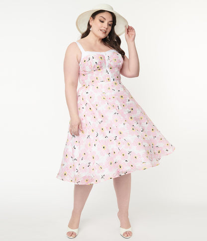 Unique Vintage Plus Size Pink Floral Burnout Swing Dress
