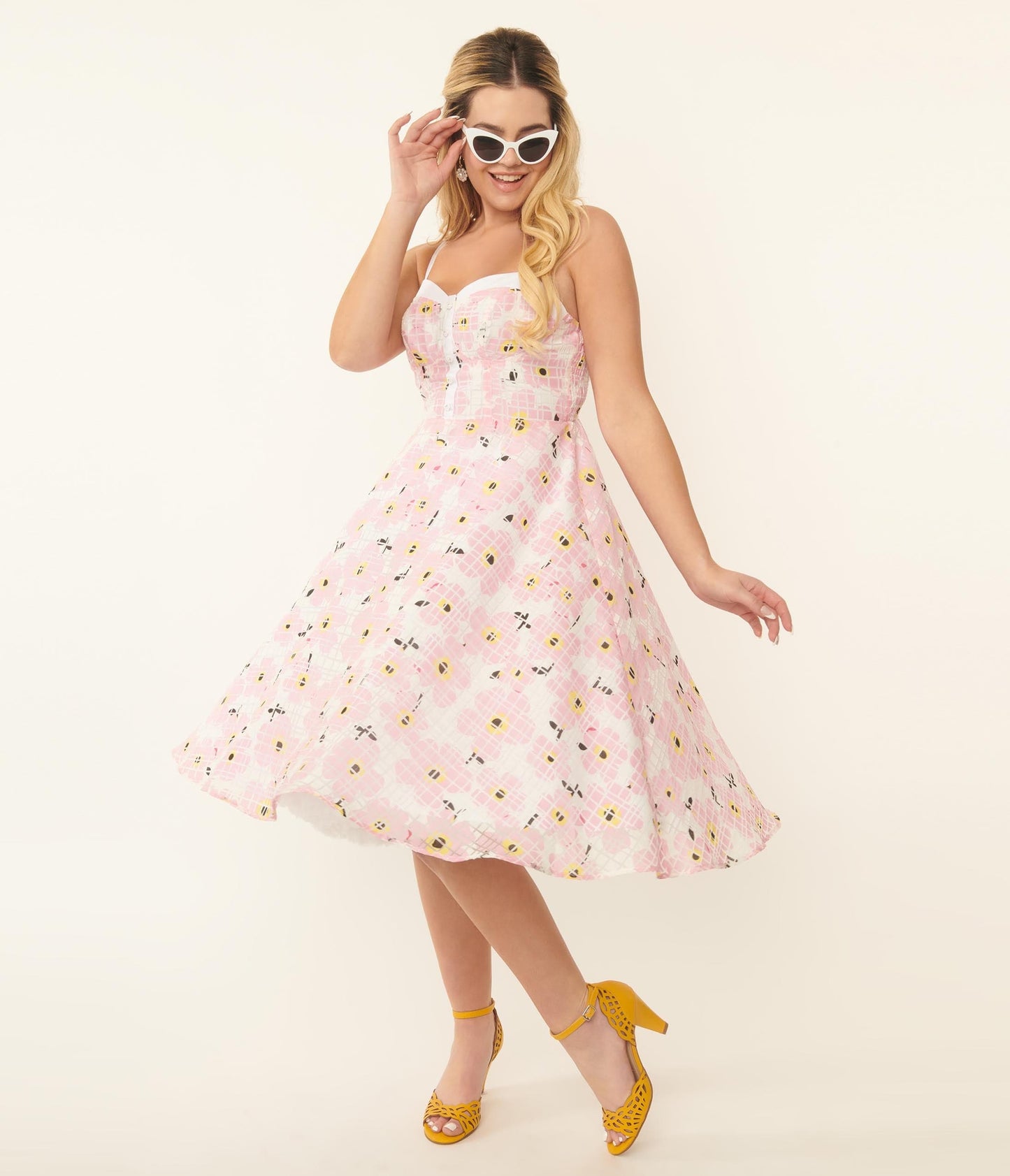 Unique Vintage 1950s Pink Floral Burnout Swing Dress