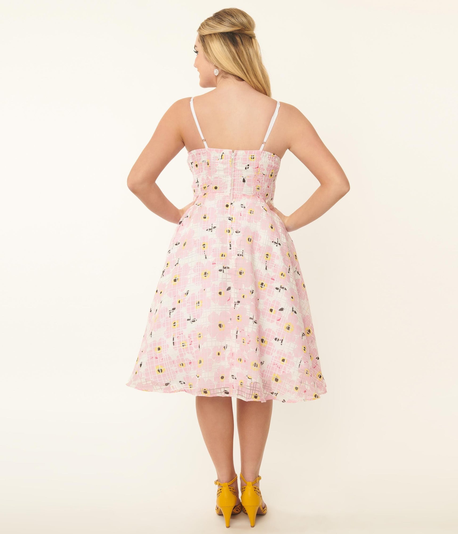 Unique Vintage 1950s Pink Floral Burnout Swing Dress