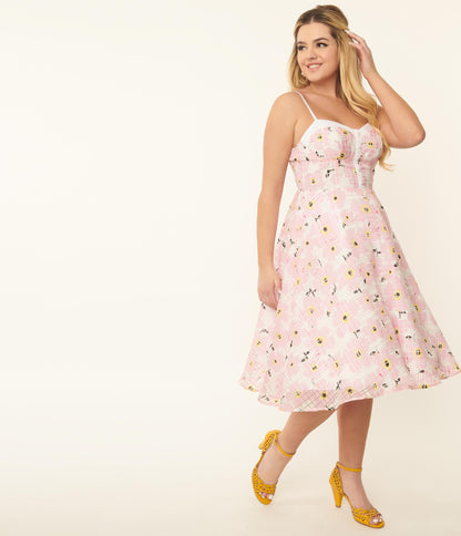 Unique Vintage 1950s Pink Floral Burnout Swing Dress