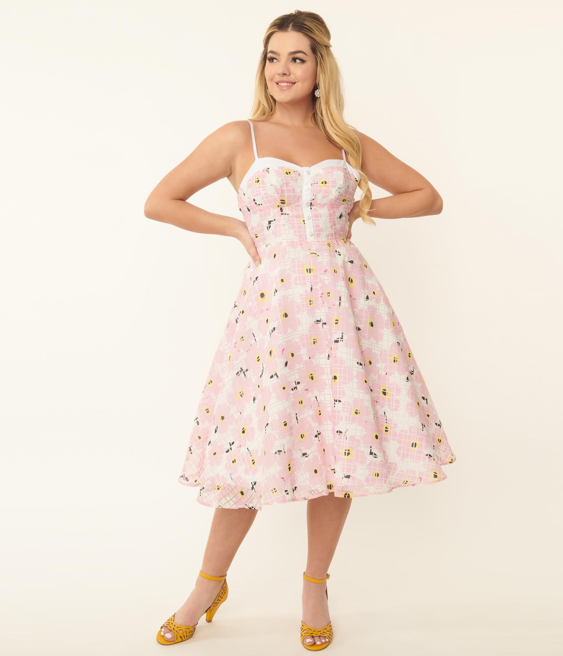 Unique Vintage 1950s Pink Floral Burnout Swing Dress