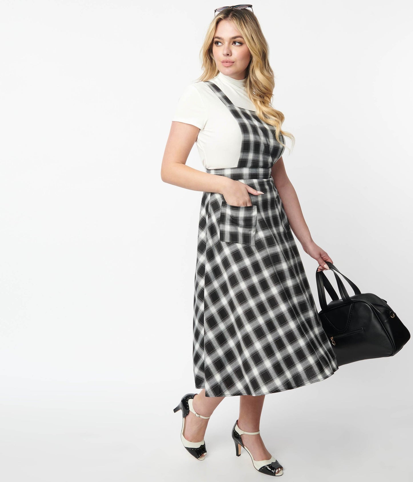 Black & White Plaid Pinafore Swing Skirt