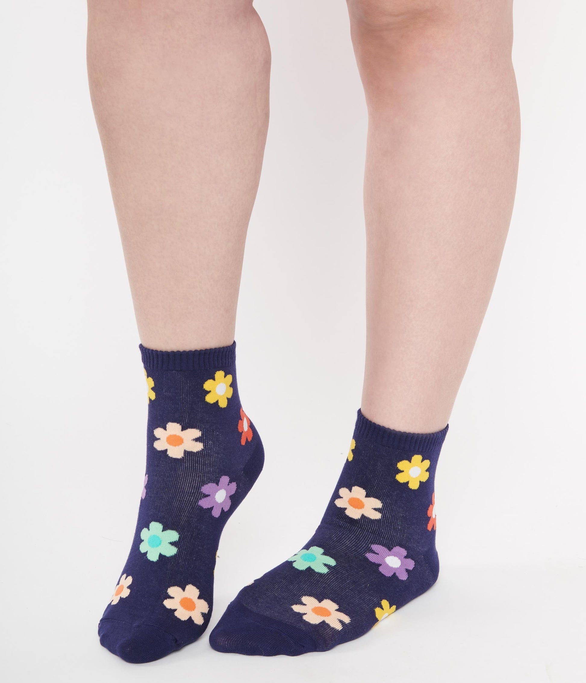 1970s Navy & Multicolor Floral Crew Socks