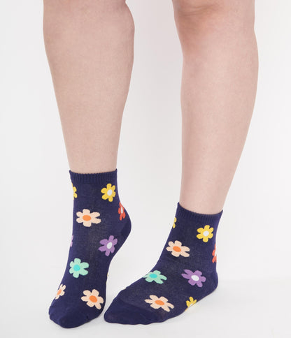 1970s Navy & Multicolor Floral Crew Socks