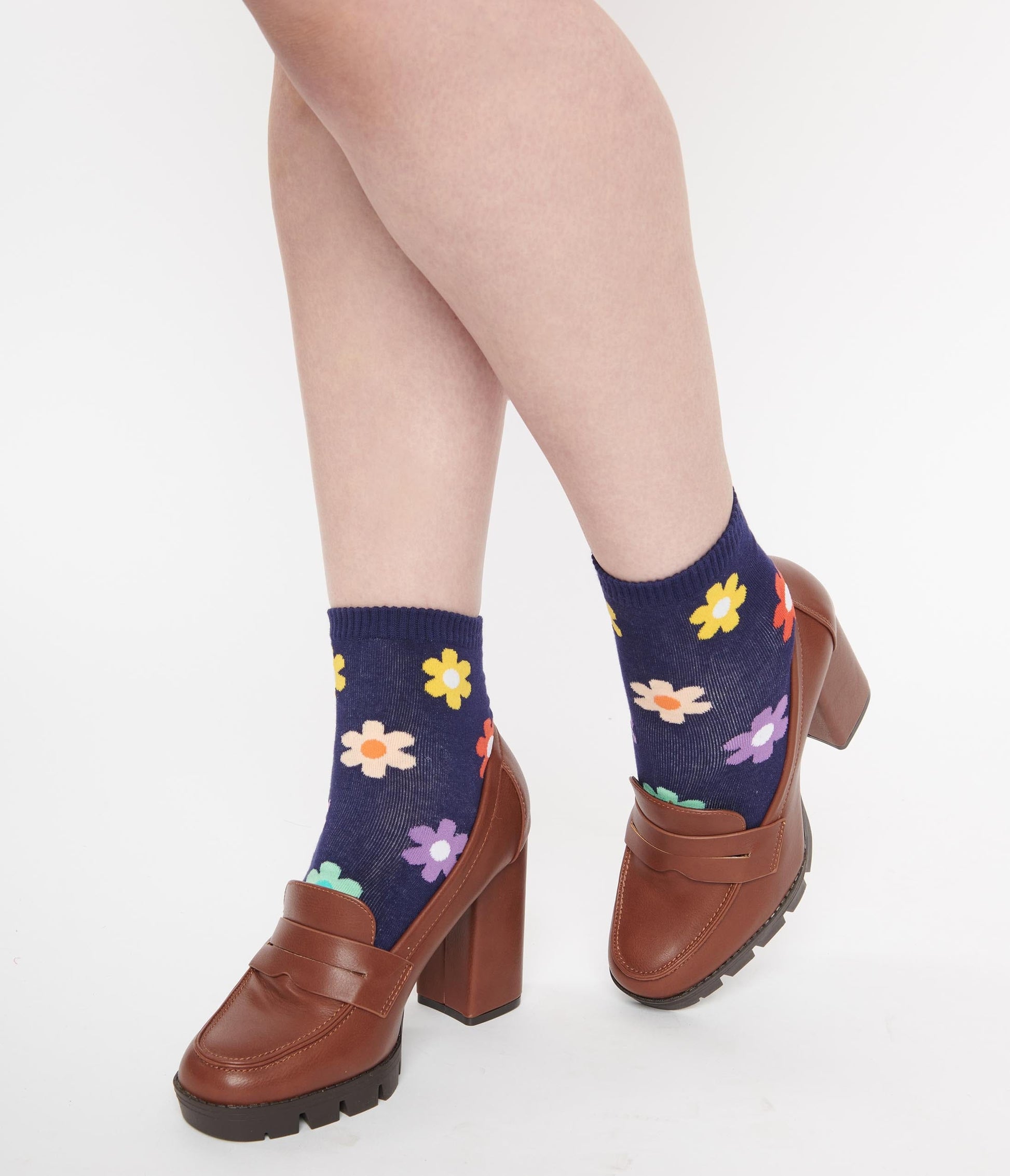 1970s Navy & Multicolor Floral Crew Socks