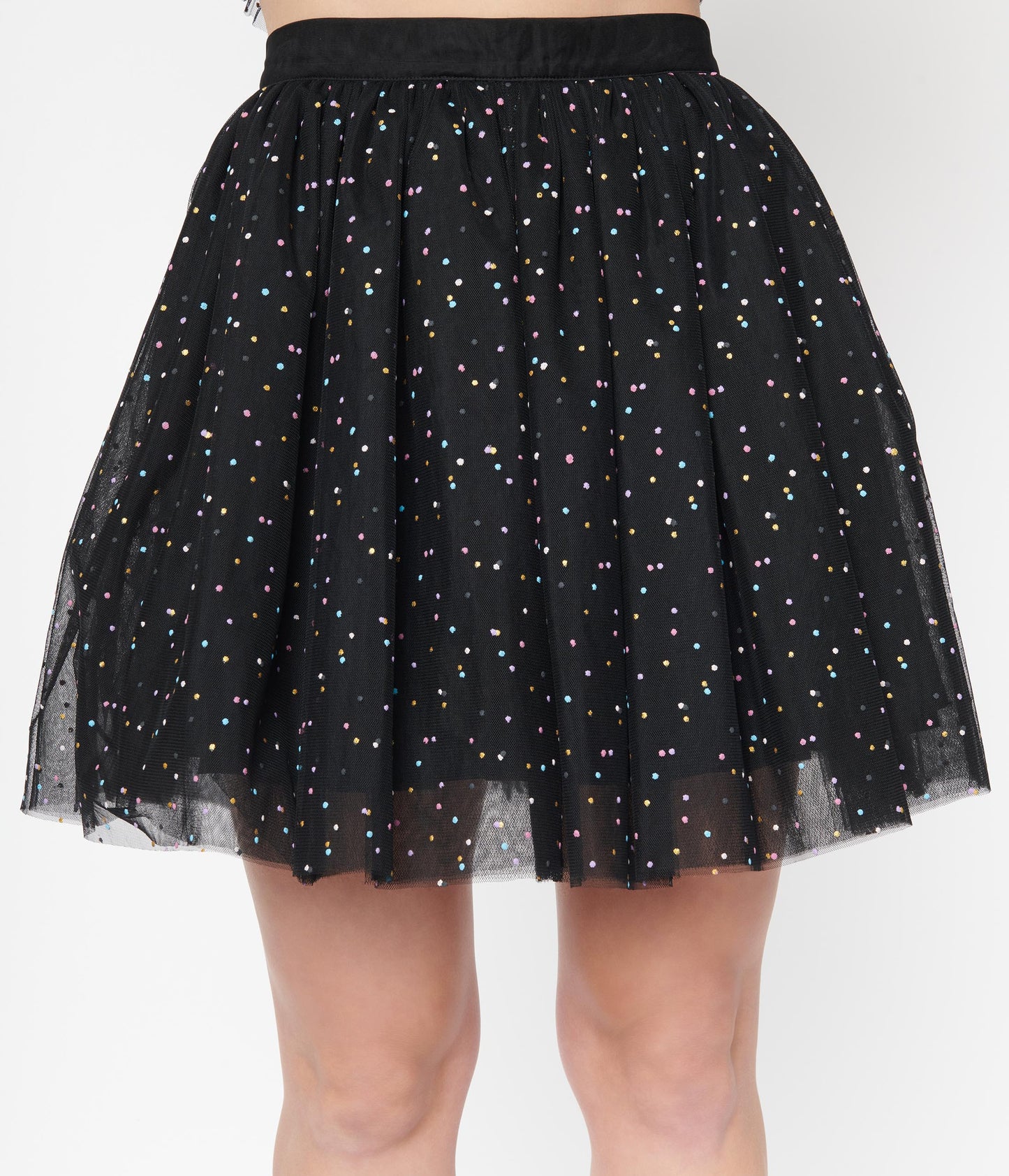 1950s Unique Vintage Black & Multicolor Dots Sweetie Pie Flare Skirt