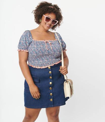 1960s Unique Vintage Plus Size Medium Blue Denim Button Up Mini Skirt