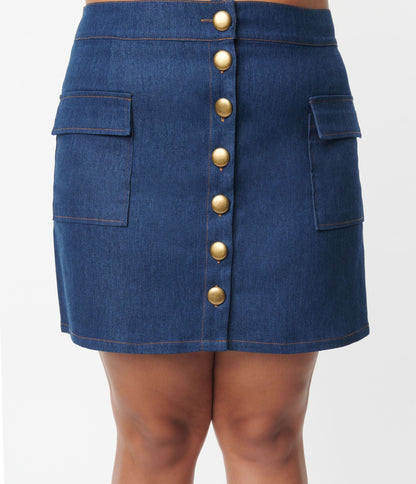 1960s Unique Vintage Plus Size Medium Blue Denim Button Up Mini Skirt