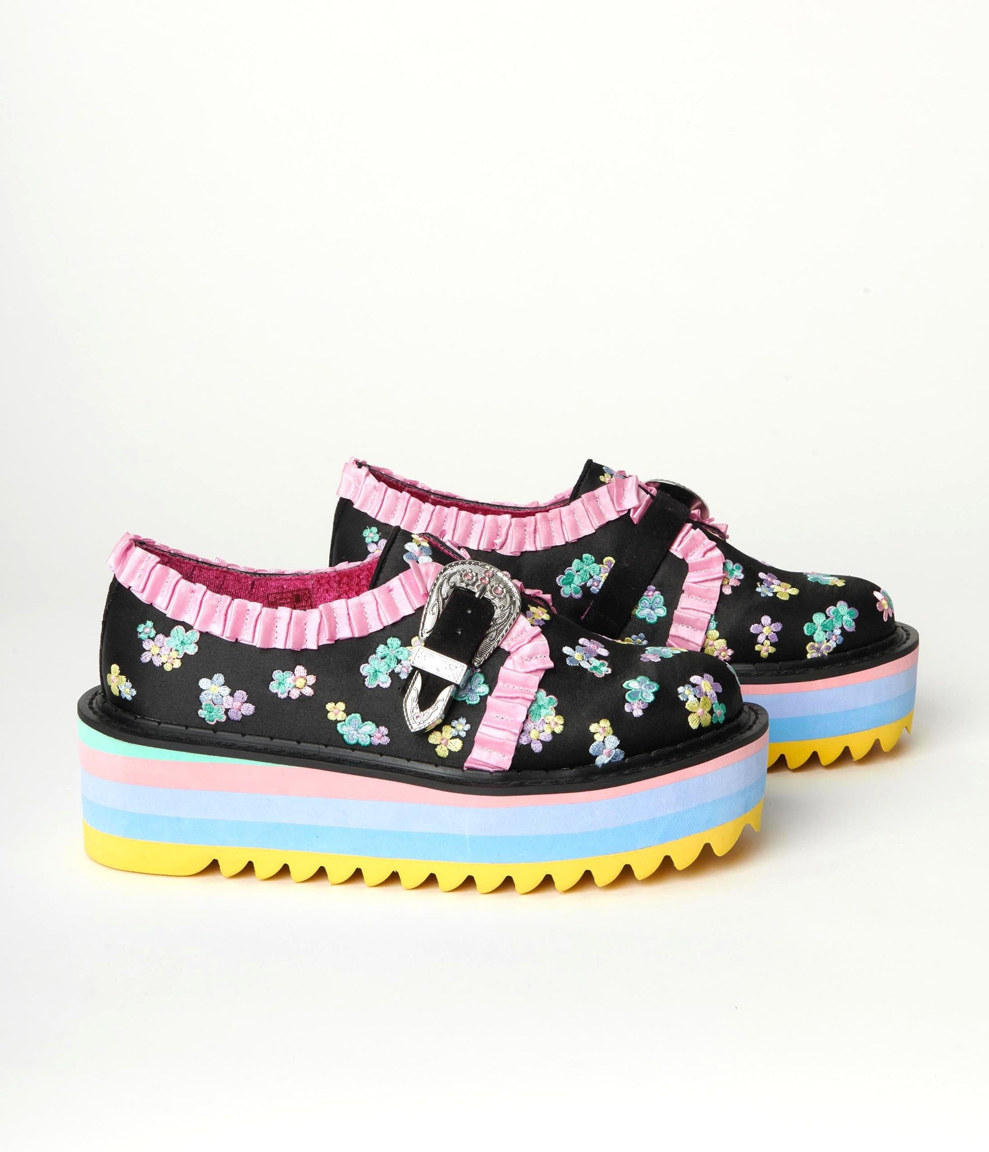 1990s Irregular Choice Black & Rainbow Floral Platform Loafers