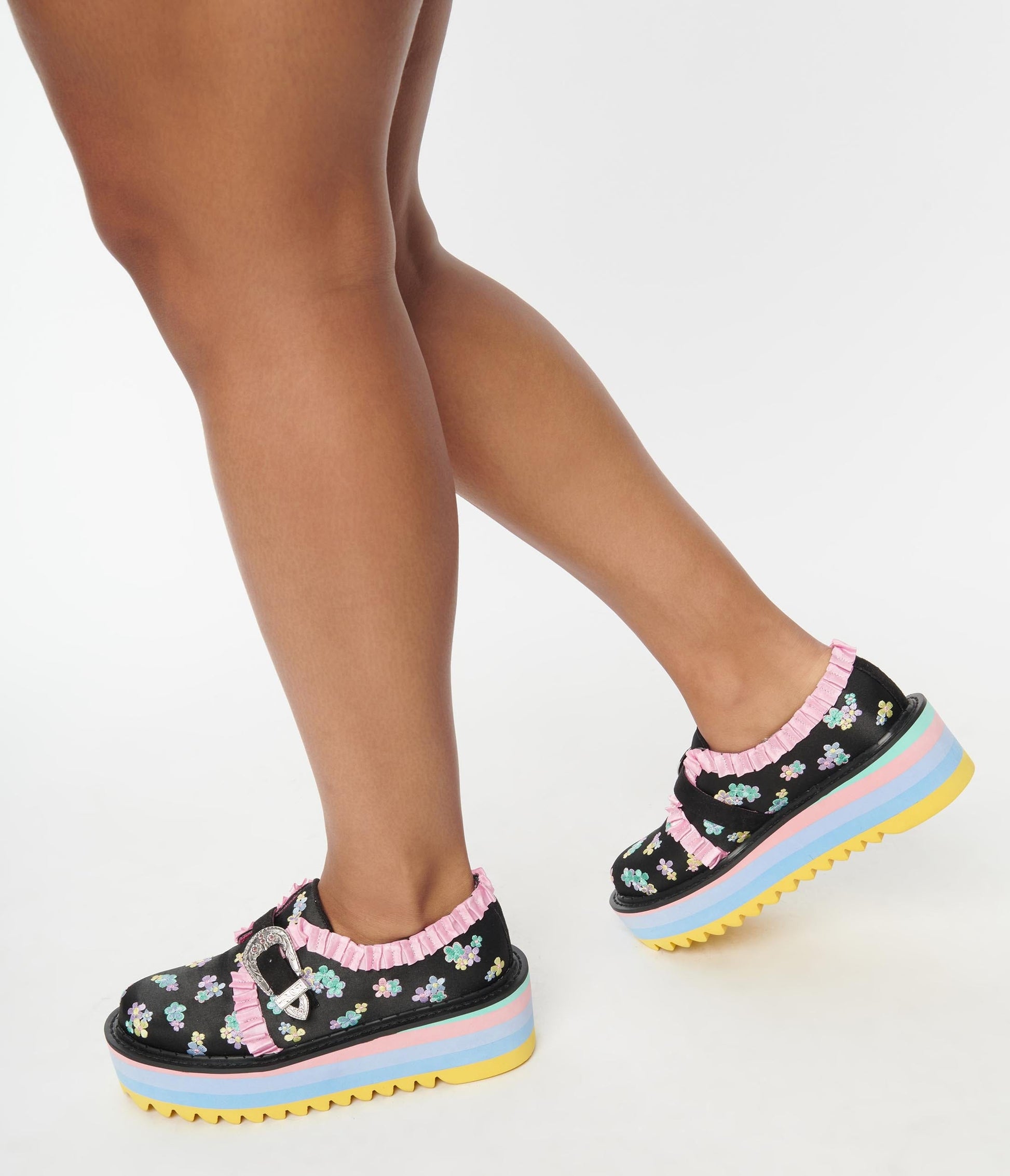 1990s Irregular Choice Black & Rainbow Floral Platform Loafers