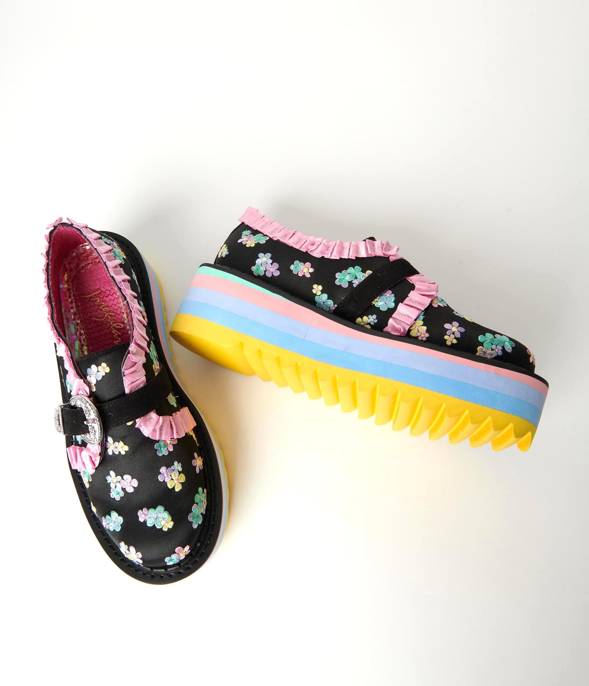 1990s Irregular Choice Black & Rainbow Floral Platform Loafers
