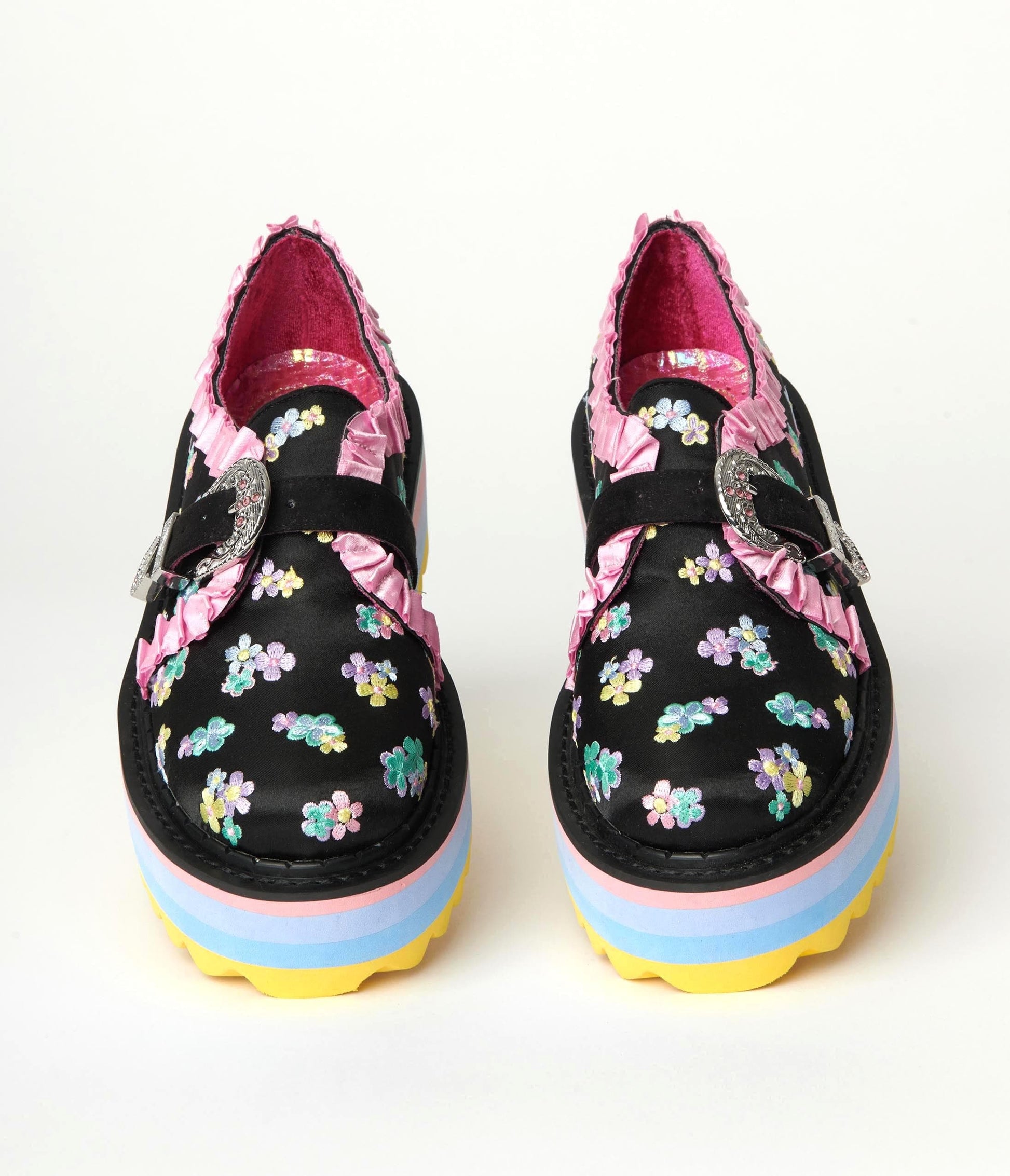 1990s Irregular Choice Black & Rainbow Floral Platform Loafers