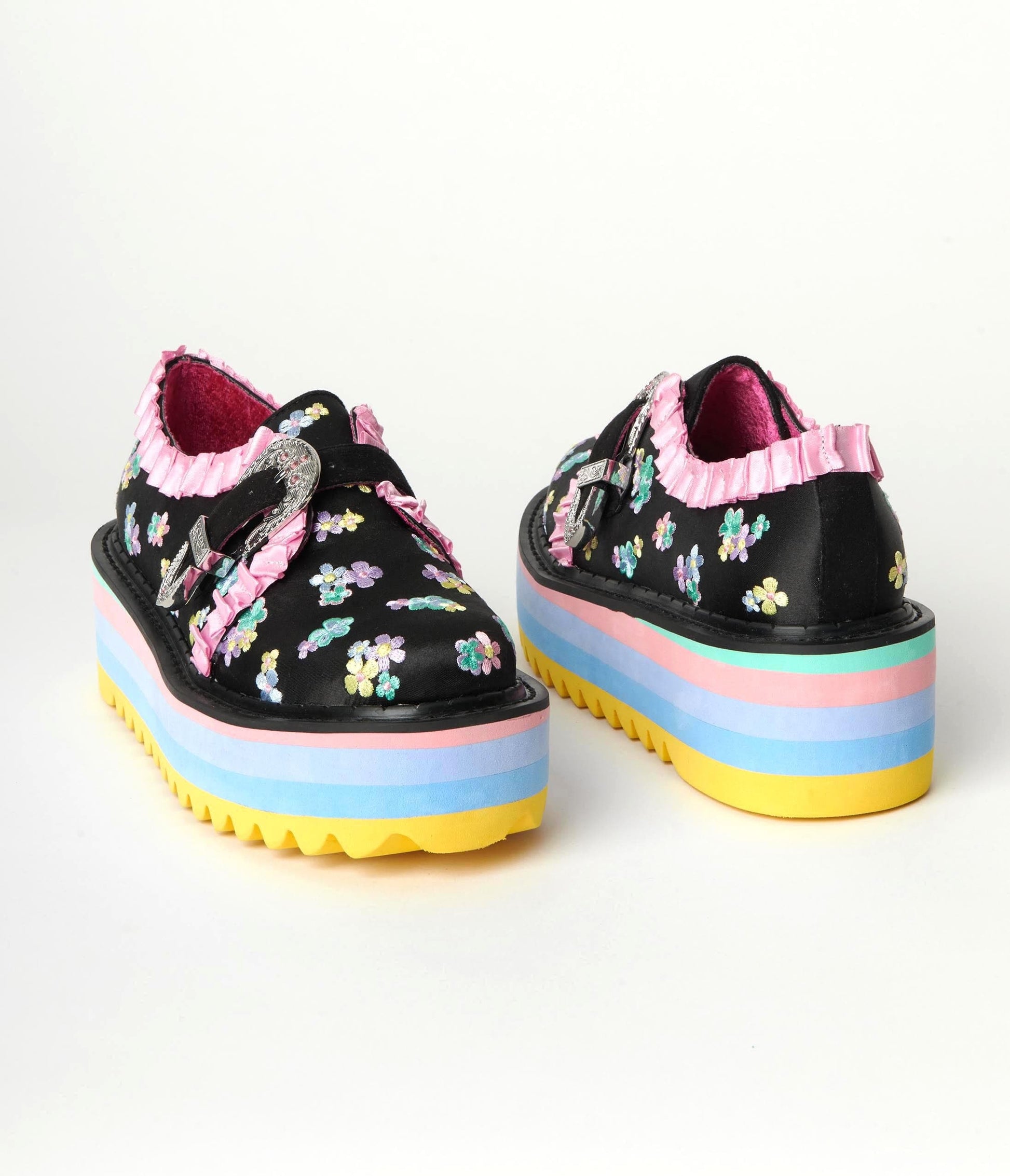 1990s Irregular Choice Black & Rainbow Floral Platform Loafers