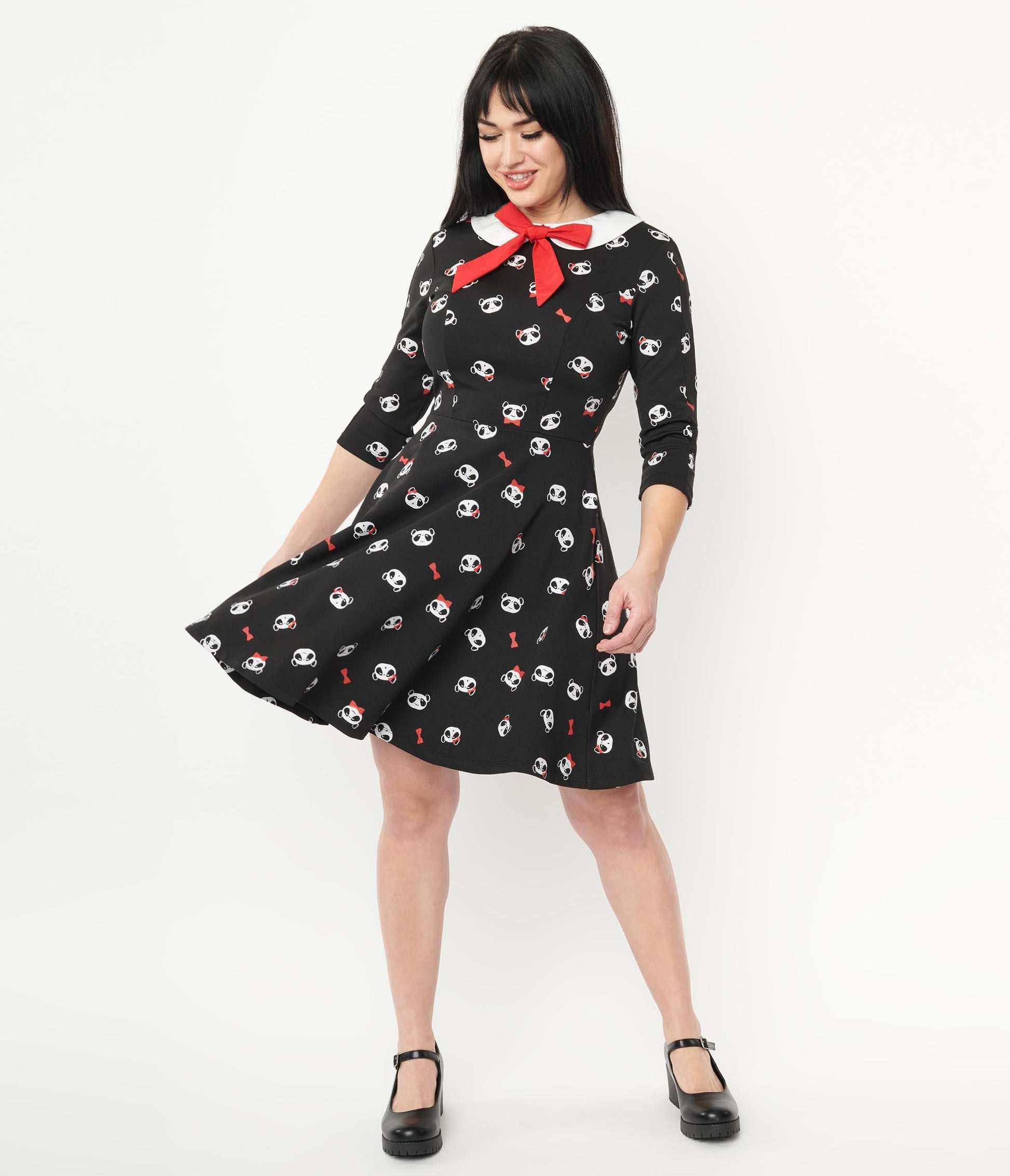 1960s Unique Vintage Black & Panda Print Wednesday Flare Dress